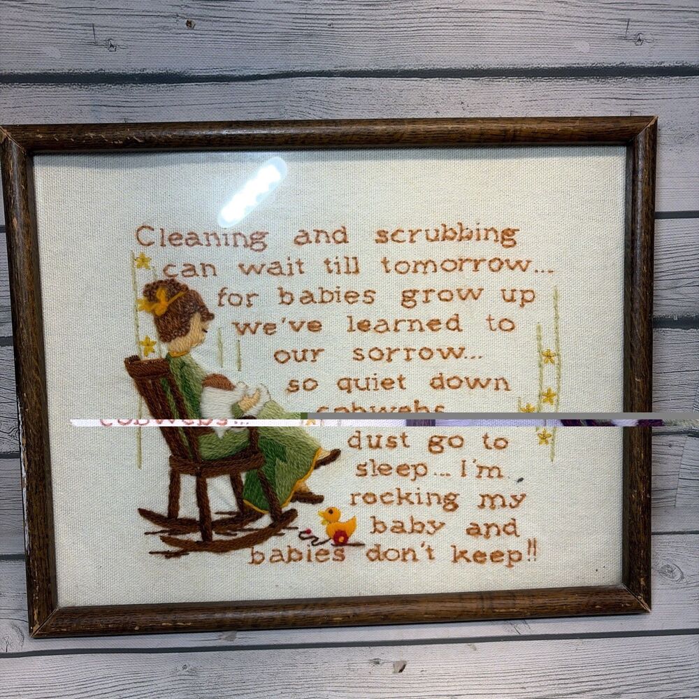 VTG Completed Sunset Babies Don't Keep Crewel Embroidery Handmade Frame 12x15